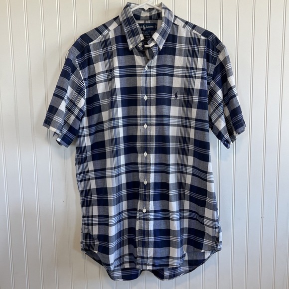 Ralph Lauren button up camp shirt plaid men's size medium blue 100% cotton - Picture 1 of 6